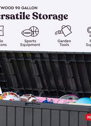 Keter Kentwood 92 Gallon Resin Deck Box-Organization and Storage for Patio Furniture Outdoor Cushions, Throw Pillows, Garden Tools and Pool Floats, Dark Grey