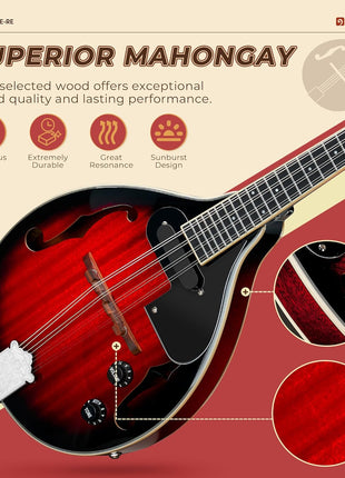 Vangoa Mandolin Musical Instrument A Style Acoustic Electric, 8 Strings Mahogany for Beginner Adults Teens, Red Burst