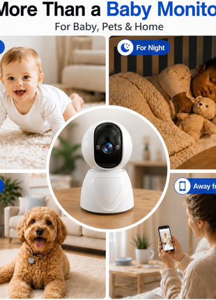 Baby Monitor with Camera and Audio, 3MP Baby Camera for Room, 355° Pan Tilt, Smart Motion Tracking, 3X Zoom, Color Night Vision, Two-Way Talk, 5G/2.4G WiFi, SD/Cloud, 2 Pack