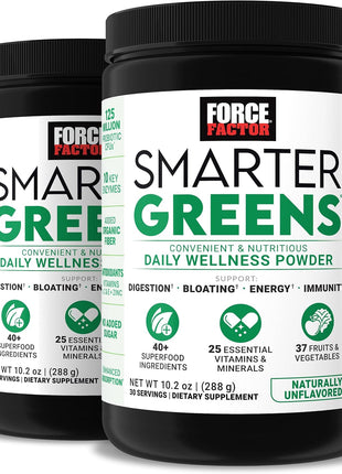 Force Factor Smarter Greens Daily Wellness Powder to Support Gut Health | Greens Superfood Powder for Bloating & Digestion, 40+ Superfoods, 125 Million CFU Probiotics, Unflavored, 60 Servings, 2-Pack