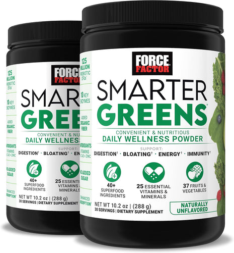 Force Factor Smarter Greens Daily Wellness Powder to Support Gut Health | Greens Superfood Powder for Bloating & Digestion, 40+ Superfoods, 125 Million CFU Probiotics, Unflavored, 60 Servings, 2-Pack
