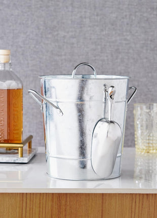 Twine Insulated Ice Bucket with Lid, Scoop & Handles for Beer, Wine, Champagne, Beverages, 1 Gal Galvanized Metal Bucket, Steel Ice Container for BBQs, Indoor & Outdoor Party Supplies, Bar Accessories