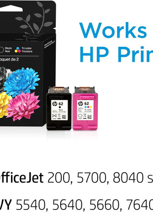 HP 62 Black/Tri-color Ink Cartridges for HP Printers (2-pack) | Works with Printer Series: ENVY 5540, 5640, 5660, 7640, OfficeJet 5740, 8040, OfficeJet Mobile 200, 250 | N9H64FN