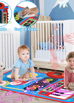 2-in-1 Musical Mat Toys for 1 2 3 4 5 Year Old, Piano Keyboard & Drum Set with 2 Drum Sticks, Early Educational Musical Learning Toys Birthday for 1 2 3 4 5 Year Old Boys & Girls, Blue