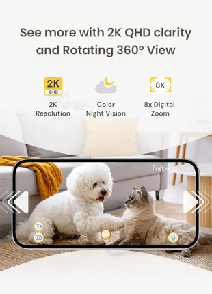 Furbo Mini 360° 2K QHD Pet Camera: Basic See, Talk & Toss Features, No AI Alerts, No Subscription Required, Dog & Cat Rotating Treat Dispenser w/Phone App, Smart Indoor Cam, 2-Way Audio & Night Vision