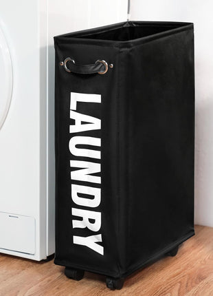 DOKEHOM 25 Inches Slim Laundry Basket on Wheels, Collapsible Rolling Laundry Hamper, Foldable Narrow Corner Clothes Storage Bins (Black)