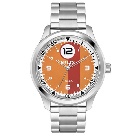 Helix by Timex Analog Watch for Man with Orange Round Dial & Silver Stainless Steel Bracelet Band Water Resistant Men's Wrist Watches - TW043HG26