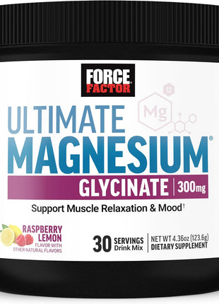 Force Factor Ultimate Magnesium Glycinate Powder | 300mg per Serving to Support Relaxation, Mood, Bone Health, Chelated Magnesium Bisglycinate, Raspberry Lemon, 30 Servings