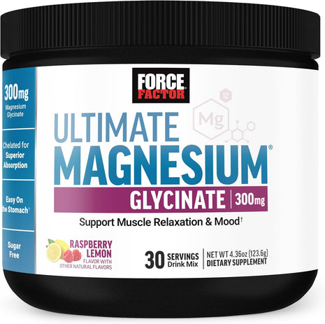 Force Factor Ultimate Magnesium Glycinate Powder | 300mg per Serving to Support Relaxation, Mood, Bone Health, Chelated Magnesium Bisglycinate, Raspberry Lemon, 30 Servings
