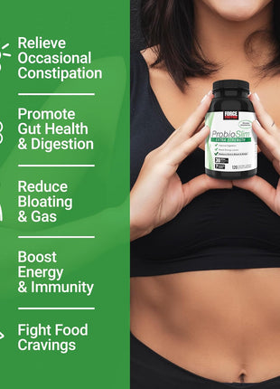 Force Factor ProbioSlim Extra Strength Probiotics for Women and Men | with 30 Billion CFUs of Probiotics for Digestive Health, Bloating Relief, and Gut Health, with Prebiotic Fiber, 120 Capsules