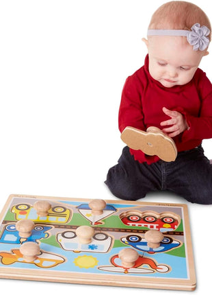 Melissa & Doug Vehicle Jumbo Knob Puzzle, Wooden Peg Puzzle for Toddlers, Educational Toy for Shape Recognition and Fine Motor Skills, Ages 1+