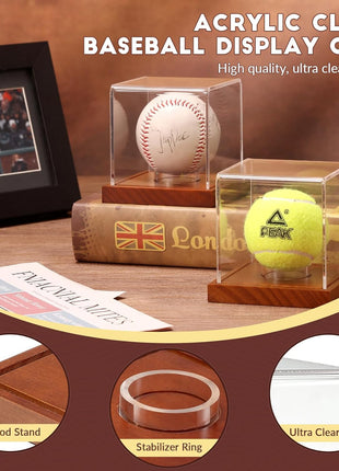 Baseball Display Case - Clear Cube Baseball Holder with Wooden Base, Autograph Stand Box for Single Ball, Acacia Wood, Brown, 1 Pack