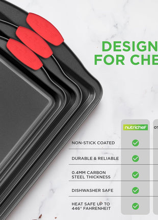 NutriChef 3 Piece Nonstick Kitchen Oven Baking Pans   Premium & Stylish Non Stick Steel, Commercial Grade Restaurant Quality Metal Bakeware with Red Silicone Handles   Easy to Clean, NCSBS3S