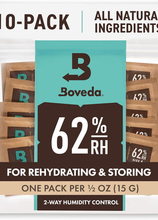 Boveda 62% Two-Way Humidity Control Packs For Storing 1⁄2 oz – Size 4 – 10 Pack – Moisture Absorbers for Small Storage Containers – Humidifier Packs – Hydration Packets in Resealable Bag