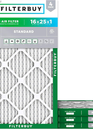 Filterbuy 16x25x1 Air Filter MERV 8 (MPR 700) Dust Defense Replacement (4-Pack), Electrostatic Pleated HVAC AC Furnace Filters, Made in USA (Actual Size: 15.50 x 24.50 x 0.75)