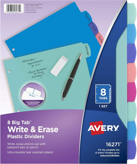 Avery® Write & Erase Dividers for 3 Ring Binders, 8 Tabs per Set, Multicolor Big Tabs, Pastels, Binder Dividers Great for Organizing Reports, Projects, and More (16271)