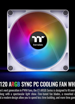 Thermaltake CT120 ARGB Sync PC Cooling Fan White (2-Fan Pack), 5V Motherboard Sync, 16.8 Million Colors 9 Addressable LEDs, 120 mm Hydraulic Bearing Case/Radiator Fan, CL-F153-PL12SW-A