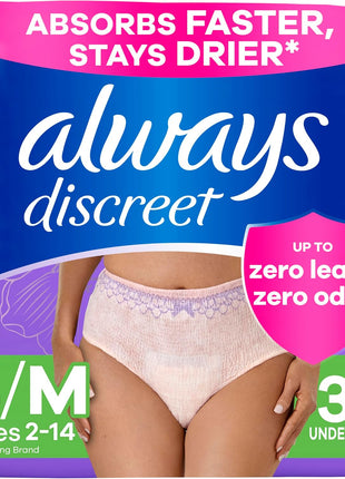 Always Discreet Adult Diapers for Women, Incontinence Underwear, Postpartum Essentials, Disposable Briefs, Max Absorbency, Bladder Leak Protection, Small/Medium, 32ct