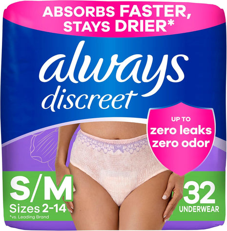 Always Discreet Adult Diapers for Women, Incontinence Underwear, Postpartum Essentials, Disposable Briefs, Max Absorbency, Bladder Leak Protection, Small/Medium, 32ct