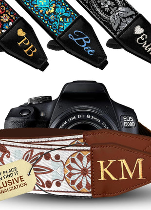 Camera Strap - Shoulder, Crossbody & Neck Camera Strap for Photographers, Fits All Cameras, Canon Nikon Sony Fujifilm, Padded Strap W/ Quick Release, Embroidered Cotton & Leather Ends, Blue