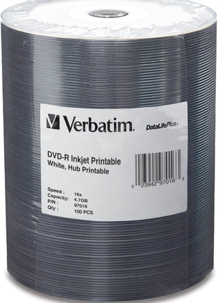Verbatim DVD-R Blank Discs 4.7GB 16X DataLifePlus White Inkjet Printable Recordable Disc Hub Printable - 100pk Tape Wrap