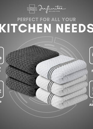 Infinitee xclusives 100% Cotton Kitchen Towels   15x25 Inch Ultra Soft Tea Towel, Super Absorbent Terry Dish Towels for Kitchen Linens |Grey|