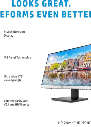 HP 24mh FHD Monitor - Computer Monitor with 23.8-Inch IPS Display (1080p) - Built-in Speakers and VESA Mounting - Height/Tilt Adjustment for Ergonomic Viewing - HDMI and DisplayPort - (1D0J9AA#ABA)