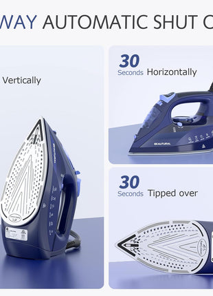 BEAUTURAL Steam Iron for Clothes with Precision Thermostat Dial, Ceramic Coated Soleplate, 3 Way Auto Off, Self Cleaning, Anti Calcium, Anti Drip Blue