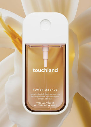 Touchland Body & Hair Vanilla Velvet Hydrating Fragrance Mist Travel Size | TSA ready spray. Gourmand scent of vanilla, coconut flakes, muguet & almond. Hydrates and refreshes skin and hair.