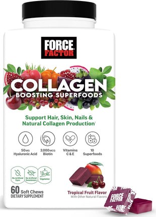 Force Factor Collagen Boosting Superfoods, Vegan Collagen Booster for Women | with Biotin, Hyaluronic Acid, and Vitamin C, for Hair, Skin, Nails, & Joint Support, Tropical Fruit, 60 Soft Chews