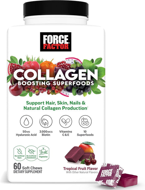 Force Factor Collagen Boosting Superfoods, Vegan Collagen Booster for Women | with Biotin, Hyaluronic Acid, and Vitamin C, for Hair, Skin, Nails, & Joint Support, Tropical Fruit, 60 Soft Chews