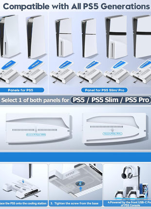 PS5/Slim/Pro Stand and Cooling Station with LED Controller Charging Station for PlayStation 5 Console, Controller Charger, Cooling Stand, PS5/Slim/Pro Accessories Kit with 3 Level Cooler Fan