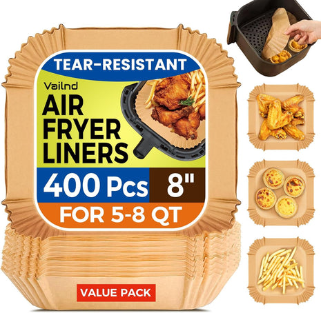400 Pcs Air Fryer Liners Disposable, 8 inch Square Heavy-Duty Parchment Paper for 5-8 qt Airfryer Basket, Non-Stick & Grease-Proof Baking Liner for Oven Pan