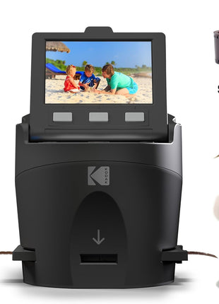 KODAK SCANZA Film & Slide Scanner, 3.5" LCD, 35mm, 126, 110, Super 8 & 8mm | Converts color/B&W negatives to 14MP/22MP JPEGs; SD up to 128GB (not included); HDMI, USB, video cable, AC adapter included