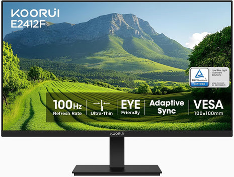 KOORUI 24-inch Computer Monitor Full HD 1920 x 1080p 100Hz VA Display 4000:1 Contrast Ratio with HDMI VGA, TÜV Rheinland Certified, 100 x 100 mm VESA Mountable, Ultra-Slim Design, Tilt, Black, E2412F