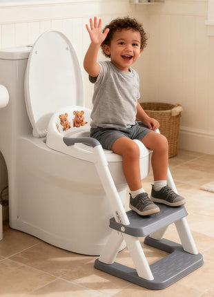 SKYROKU Potty Training Toilet, 2-in-1 Anti-Slip Seat with Step Stool | Wide anti-slip base holds 200+ lbs.Fits round & elongated toilets,6 heights.Tall splash guard stops leaks.Folds to step stool