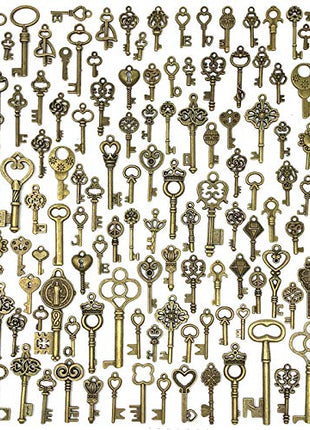 125 PCS Vintage Skeleton Key Set Charms, JIALEEY Mixed Antique Style Bronze Brass for Pendant DIY Jewelry Making Wedding Party Favors