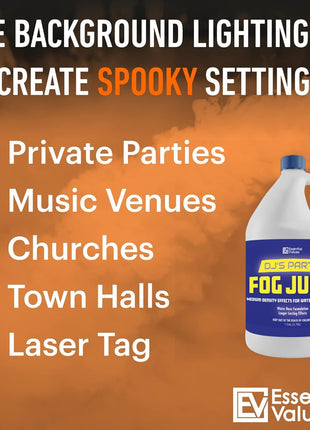 ESSENTIAL VALUES Fog Machine Fluid (128 FL OZ / 1 Gal) Fog Juice Long-Lasting Medium Density Liquid for Water Based Foggers, Perfect for 400 Watt to 1500 Machines, Outdoor or Indoor, Made in USA