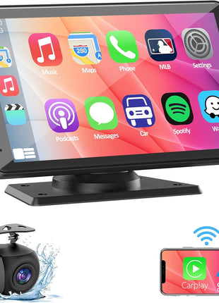 Carplay Screen for Car, 7" HD Wireless Apple Carplay & Android Auto, Portable Touchscreen Car Stereo with Backup Camera, Bluetooth, Mirror Link, Voice Control, GPS, FM, AUX, Car Play for All Vehicles