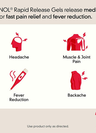 Tylenol Rapid Release Extra Strength Gelcaps, Acetaminophen 500 mg per Gel, Laser Drilled Holes Allow Fast, Strong Pain Relief, Fever Reducer, Gentle on Stomach, 100 Count Size