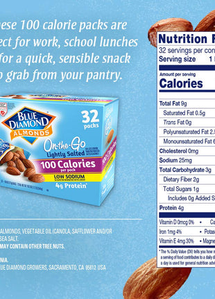 Blue Diamond Almonds Low Sodium Lightly Salted Snack Nuts, 100 Calorie Packs, 0.6 Ounce (Pack of 32)