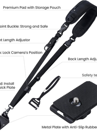 waka Rapid Camera Neck Strap with Quick Release and Safety Tether | Adjustable Camera Shoulder Sling Strap for Nikon Canon Sony Olympus DSLR Camera - Black