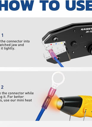 haisstronica Crimping Tool For Heat Shrink Connectors-AWG 26-10 Ratchet Wire Terminal Crimper-Ratcheting Crimper Tools-Available For Insulated Nylon Connectors and Electrical Wire Connectors HS-8327