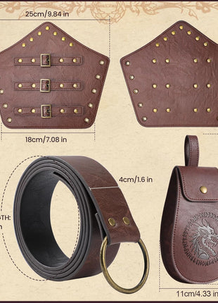 Berenlu 3 PCS Renaissance Accessories, Viking Belt, Medieval Vintage Belt Pouch & Leather Bracers for Halloween LARP Cosplay