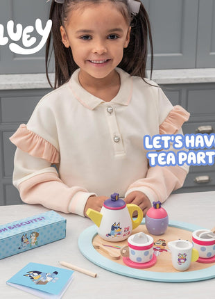 8th Wonder Bluey Toys Wooden Tea Party Set, 18-Piece Durable Toy Tea Set with Tray, Teapot, Teaspoons, and More, Pretend Play for Toddlers of Ages 3+