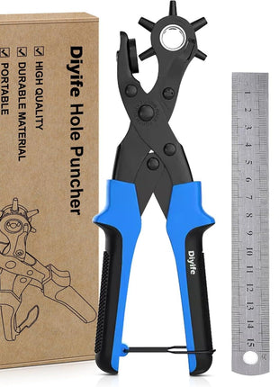 Diyife Professional Leather Hole Puncher, Full Set Punch Tool Kits for Belt, Watch Band, Shoe, Crafting, Handbag Straps, Fabric, with Extra Punch Plates and Ruler, Multi Hole Sizes Make - Blue