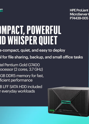Hewlett Packard Enterprise ProLiant MicroServer Gen11 Tower Server, Intel Pentium Gold G7400 Processor, 16GB Memory, 1TB HDD Storage, External 180W US Power Supply (HPE Smart Choice P74439-005)