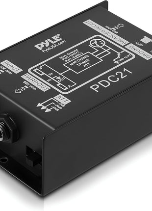 Pyle Premium Direct Injection Audio Box - 2.36" x 4.09" Passive DI Unit Hum Eliminator w/ Input Attenuator to Connect Guitar & Bass, 1/4'' Impedance Transformer Connector to Balanced & Unbalanced XLR