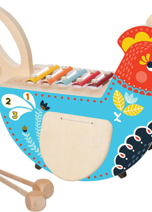 Manhattan Toy Musical Chicken Wooden Instrument for Toddlers with Xylophone, Drumsticks, Cymbal and Maraca,Blue