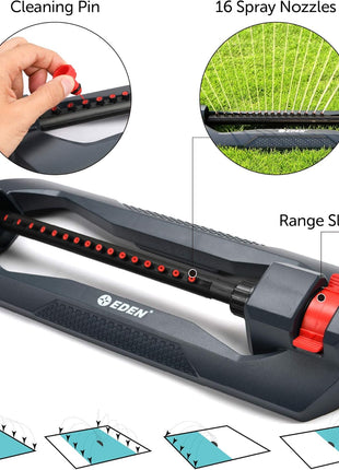 Eden 96213 Essential Turbo Oscillating Water Sprinkler, Covers Up to 3,600 sq. ft., 16 Nozzles, Weighted Base, Adjustable Range, Quick Connect Bundle, Dark Grey, Red, Silver